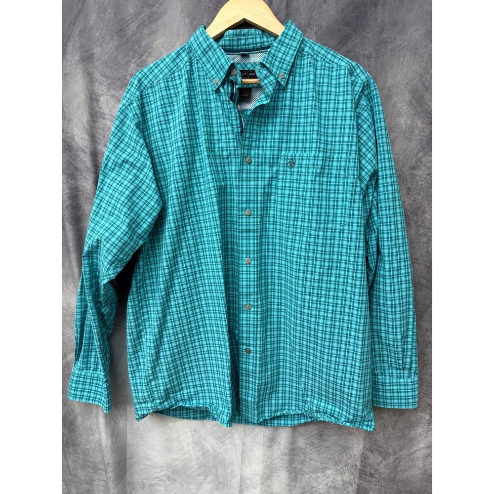 Ariat Pro Series Brock Mens Large Teal Plaid Long Sleeve Button Down 10046197